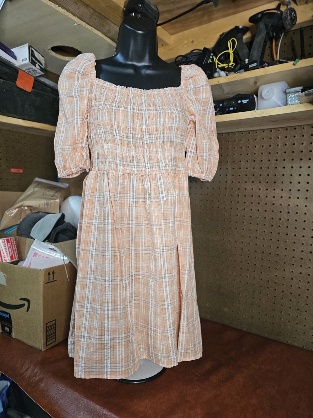 Umgee Peach Plaid Smocked Puff Sleeve Babydoll Mini Dress NWT Size L